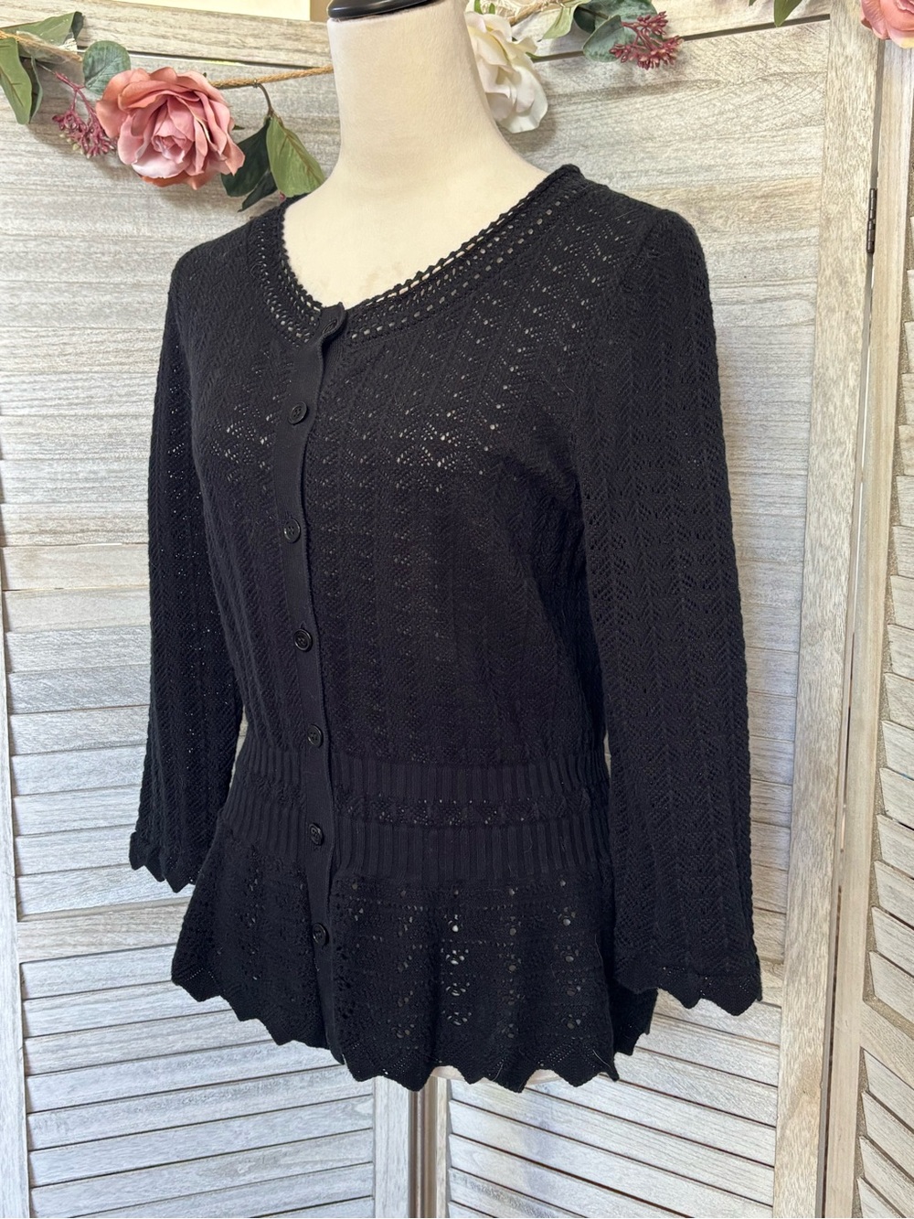 Y2K Vintage EXPRESS Black Crochet Knit Cardigan w/ Crochet Peplum, Women’s SZ LG - Picture 5 of 16
